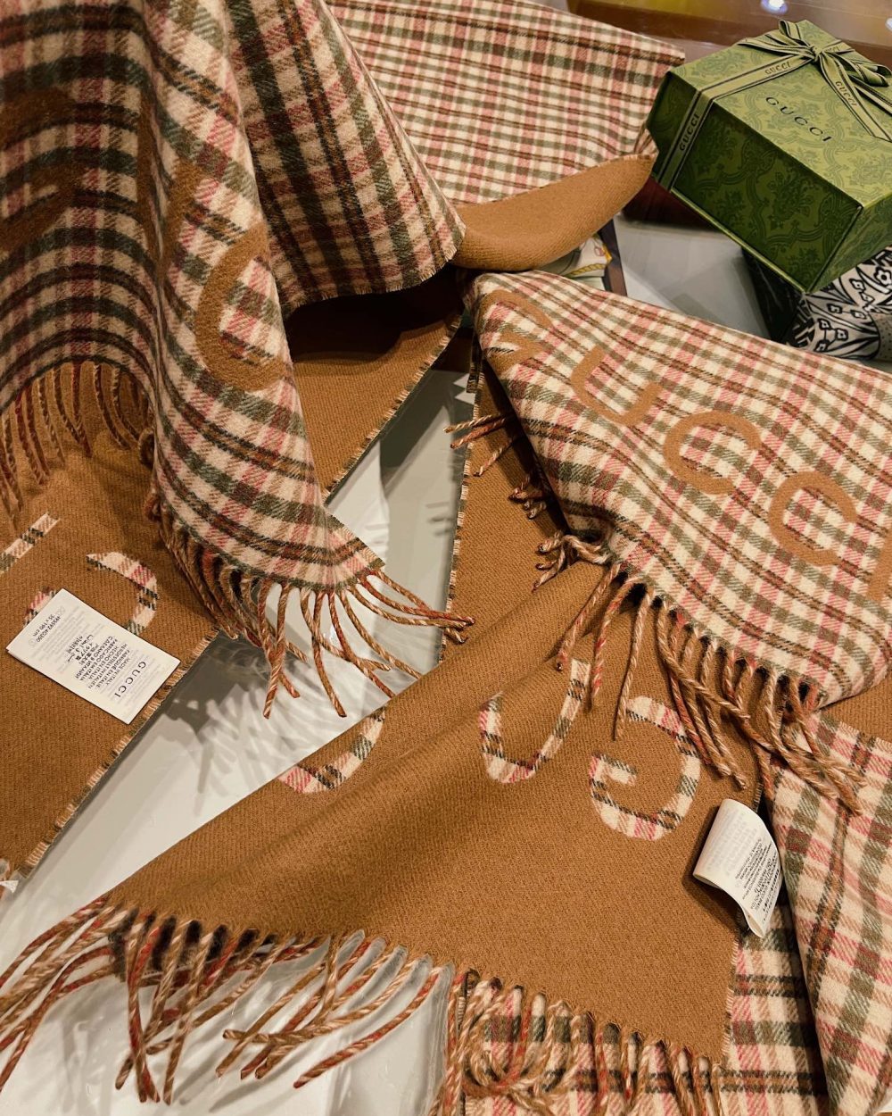 Gucci GG And Tartan Wool Jacquard Scarf Brown 79in/200cm 