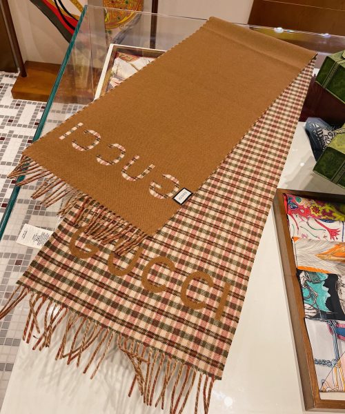 Gucci GG And Tartan Wool Jacquard Scarf Brown 79in/200cm 