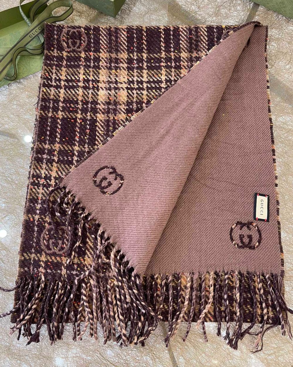Gucci GG And Tartan Wool Jacquard Scarf Purple/Brown 77in/195cm 