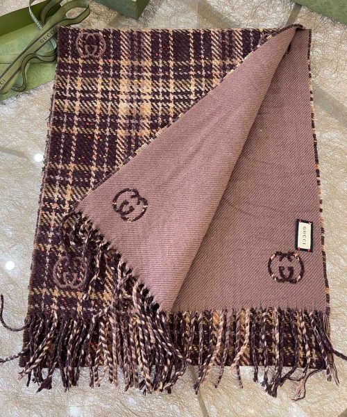 Gucci GG And Tartan Wool Jacquard Scarf Purple/Brown 77in/195cm 