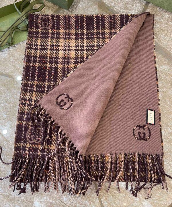 Gucci GG And Tartan Wool Jacquard Scarf Purple/Brown 77in/195cm