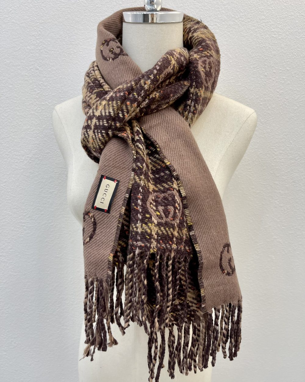 Gucci GG And Tartan Wool Jacquard Scarf Purple/Brown 77in/195cm 