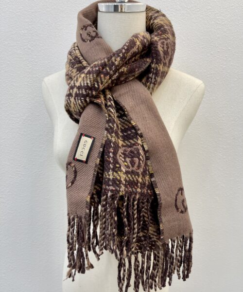 Gucci GG And Tartan Wool Jacquard Scarf Purple/Brown 77in/195cm