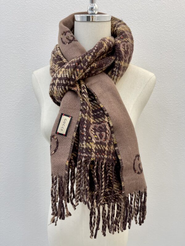 Gucci GG And Tartan Wool Jacquard Scarf Purple/Brown 77in/195cm