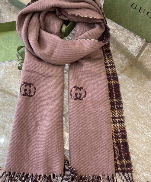 Gucci GG And Tartan Wool Jacquard Scarf Purple/Brown 77in/195cm 