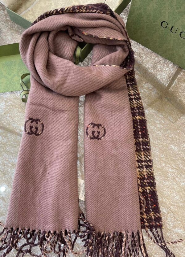 Gucci GG And Tartan Wool Jacquard Scarf Purple/Brown 77in/195cm