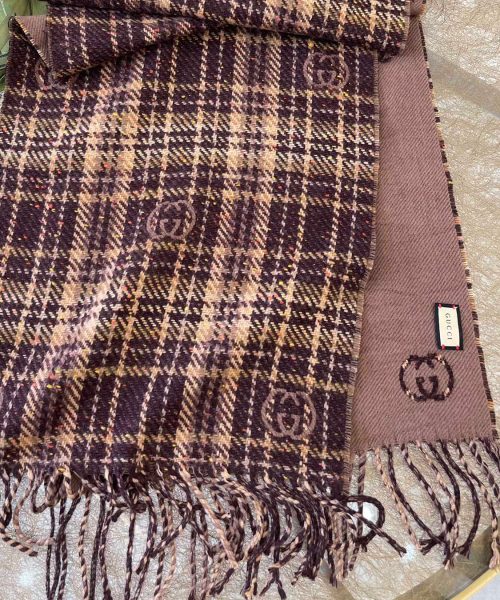 Gucci GG And Tartan Wool Jacquard Scarf Purple/Brown 77in/195cm 