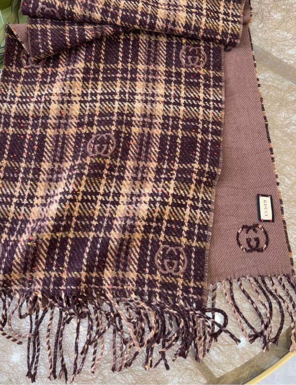 Gucci GG And Tartan Wool Jacquard Scarf Purple/Brown 77in/195cm
