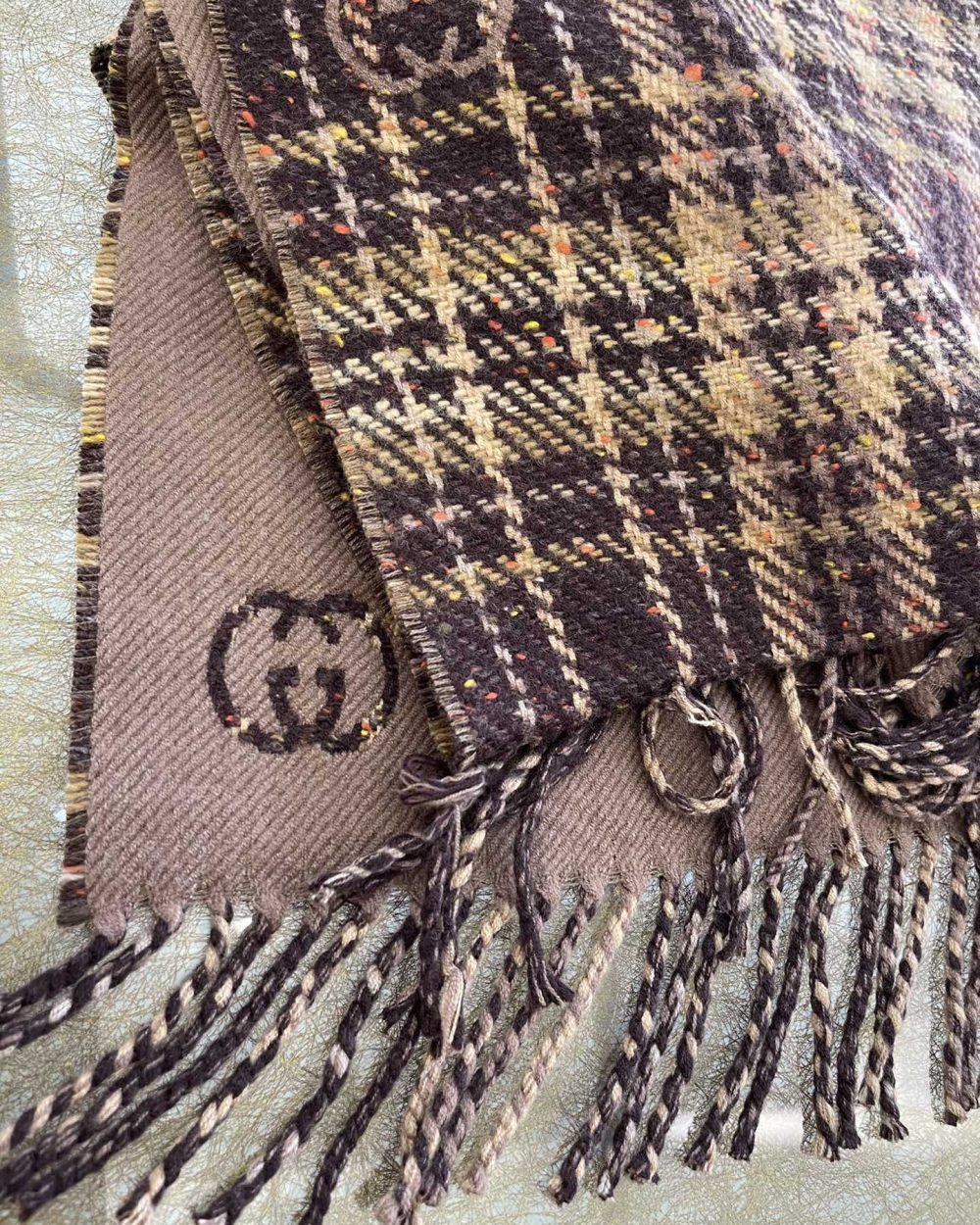 Gucci GG And Tartan Wool Jacquard Scarf Purple/Brown 77in/195cm 