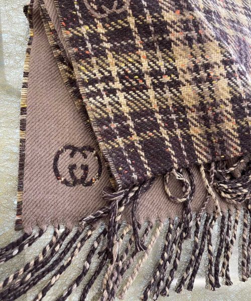Gucci GG And Tartan Wool Jacquard Scarf Purple/Brown 77in/195cm 