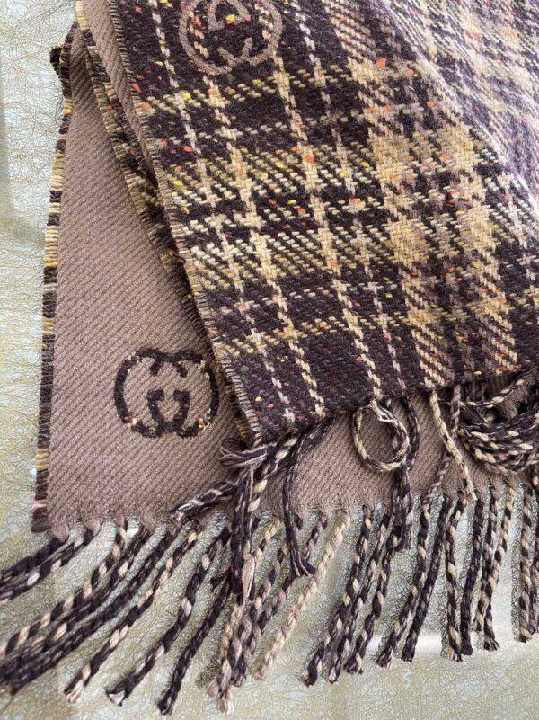 Gucci GG And Tartan Wool Jacquard Scarf Purple/Brown 77in/195cm 