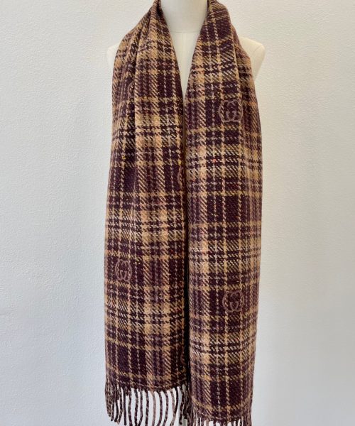 Gucci GG And Tartan Wool Jacquard Scarf Purple/Brown 77in/195cm 