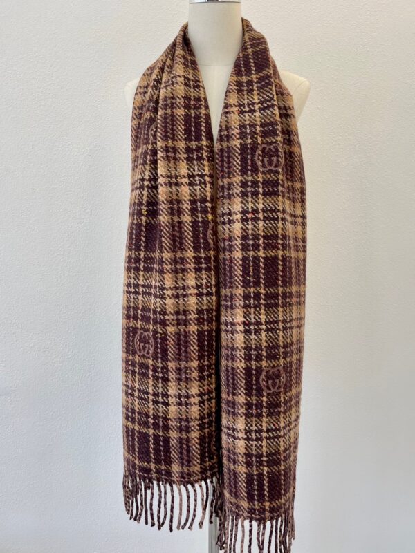 Gucci GG And Tartan Wool Jacquard Scarf Purple/Brown 77in/195cm