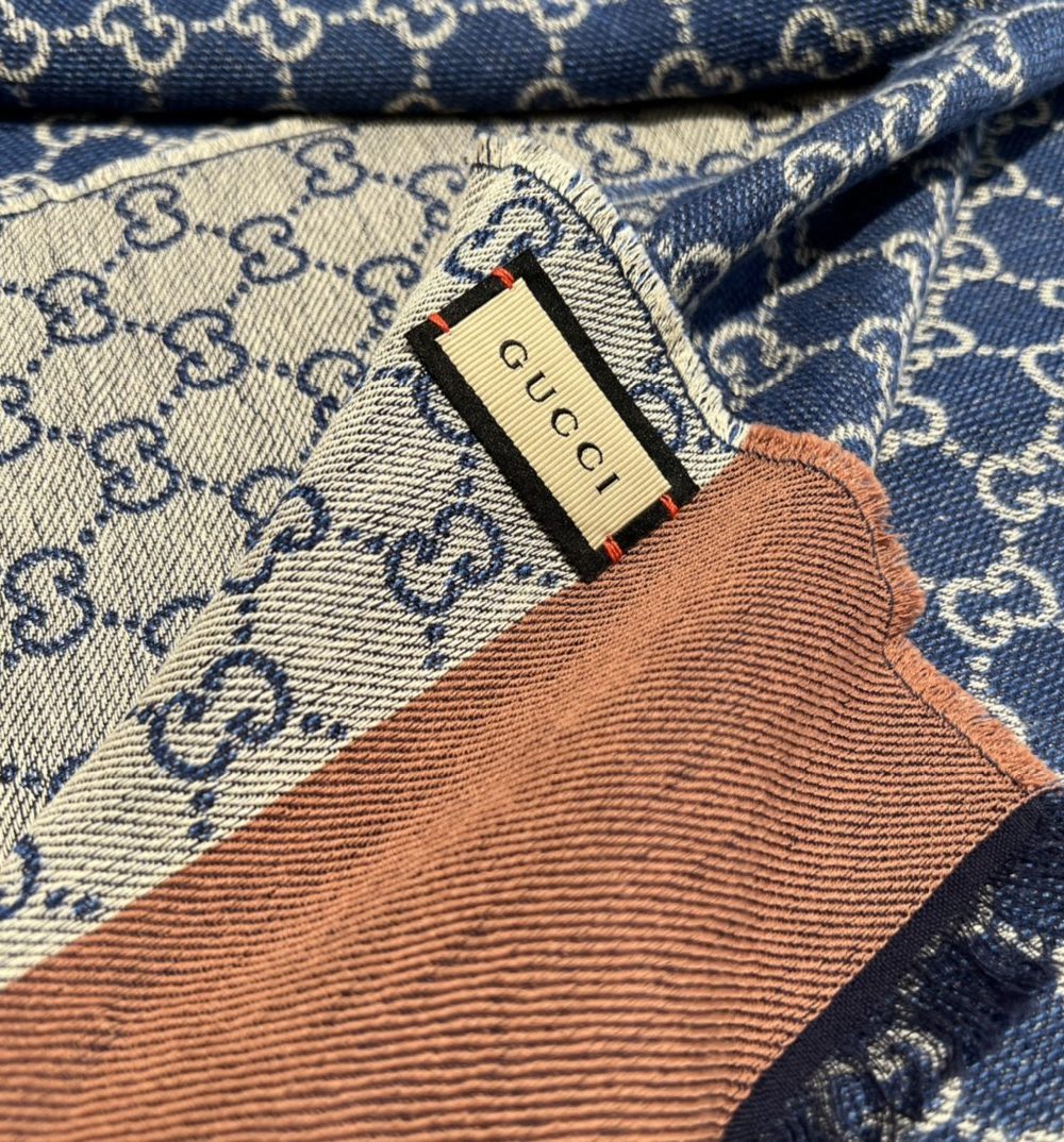 Gucci GG Cotton Jacquard Stole Scarf Blue 79in/200cm 