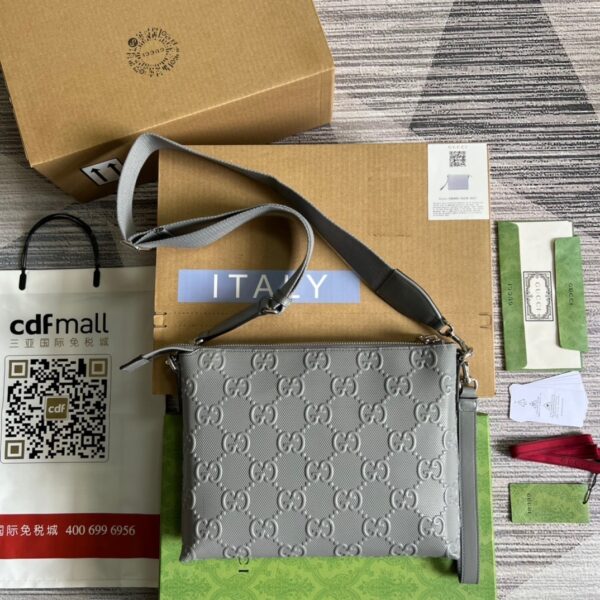 1:1 Replica Gucci GG Embossed Medium Messenger Bag Grey GG Embossed For Men 12in/31cm GG