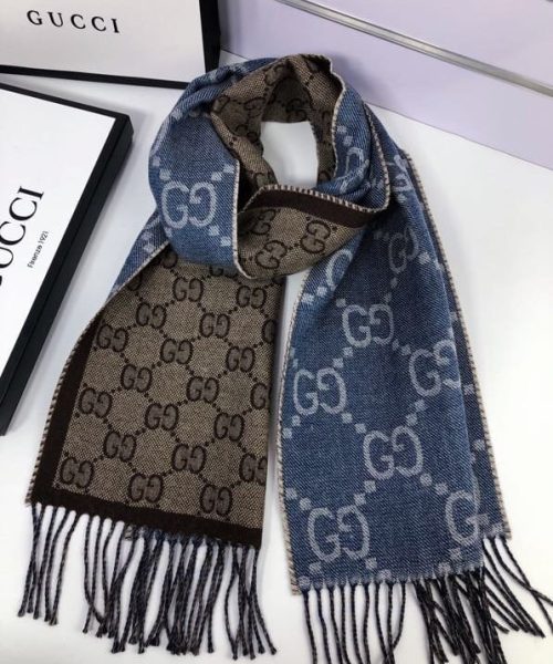 Gucci GG Jacquard Knit Scarf With Tassels Blue/Brown 67in/170cm 