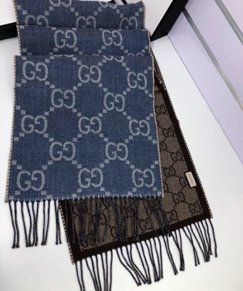 Gucci GG Jacquard Knit Scarf With Tassels Blue/Brown 67in/170cm 