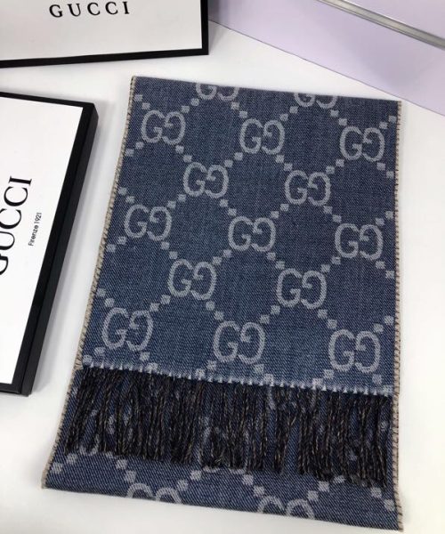 Gucci GG Jacquard Knit Scarf With Tassels Blue/Brown 67in/170cm 