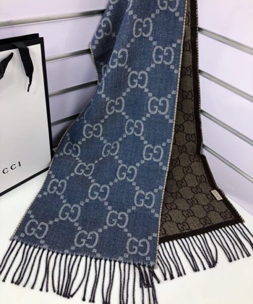 Gucci GG Jacquard Knit Scarf With Tassels Blue/Brown 67in/170cm 