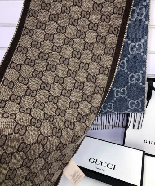Gucci GG Jacquard Knit Scarf With Tassels Blue/Brown 67in/170cm 