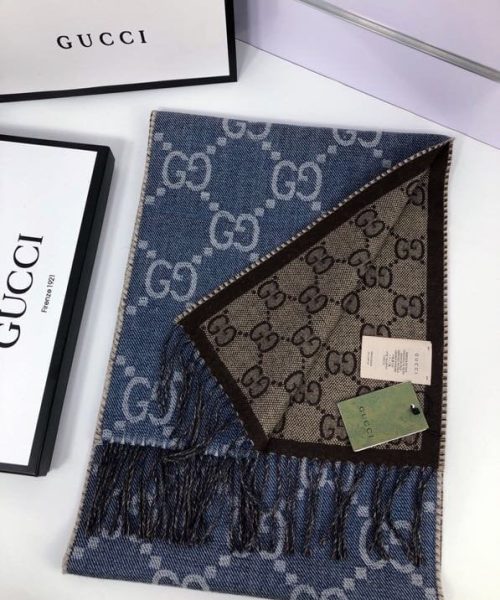 Gucci GG Jacquard Knit Scarf With Tassels Blue/Brown 67in/170cm 