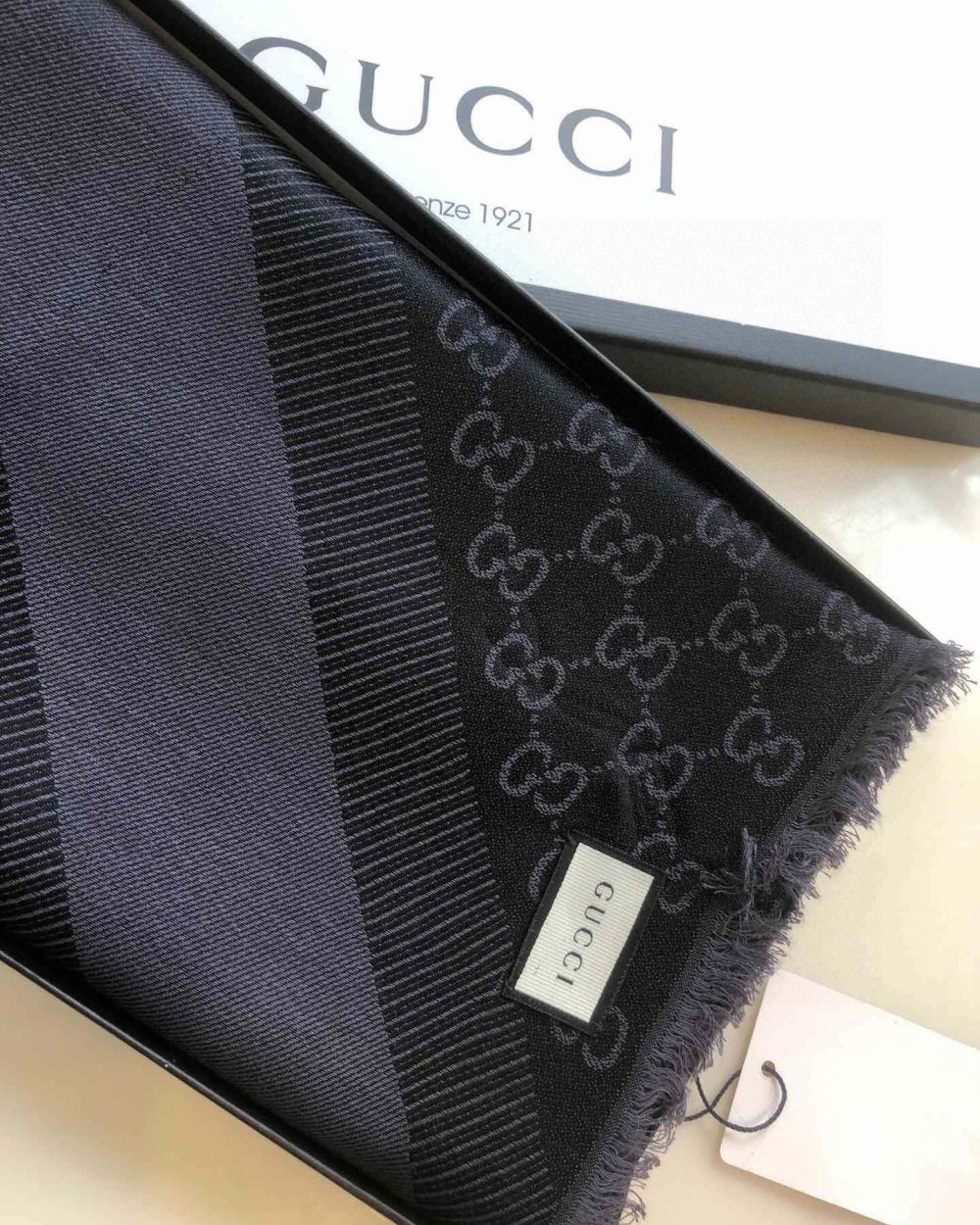 Gucci GG Jacquard Silk Wool Shawl Black 55in/140cm