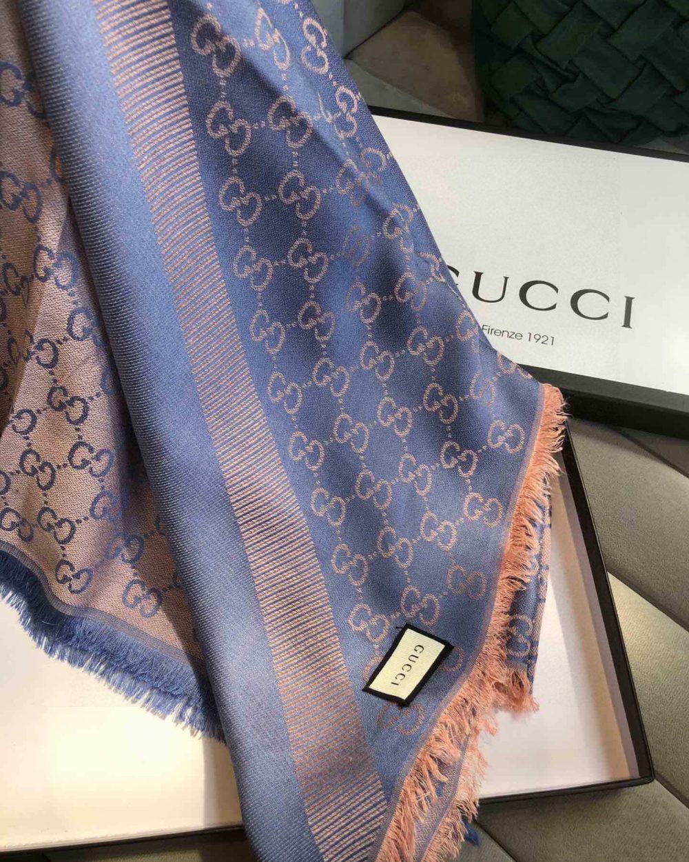 Gucci GG Jacquard Silk Wool Shawl Blue/Brown 55in/140cm