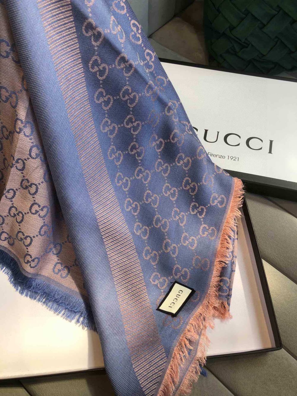 Gucci GG Jacquard Silk Wool Shawl Blue/Brown 55in/140cm - Image 4