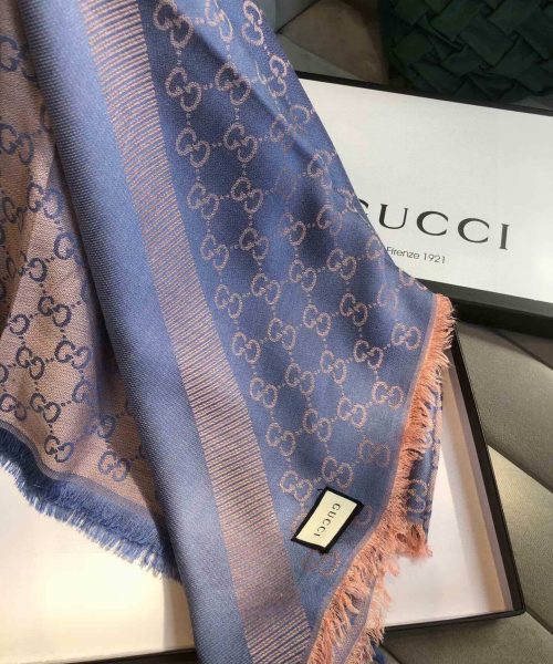 Gucci GG Jacquard Silk Wool Shawl Blue/Brown 55in/140cm