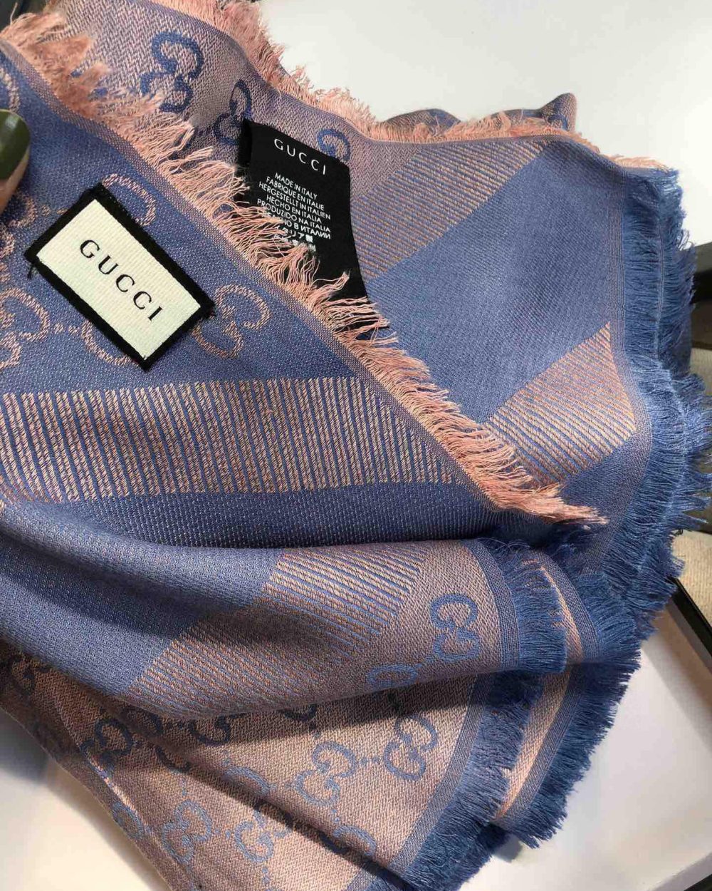 Gucci GG Jacquard Silk Wool Shawl Blue/Brown 55in/140cm