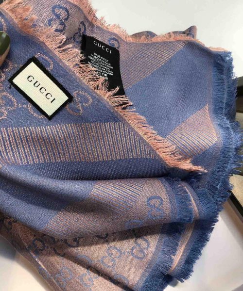 Gucci GG Jacquard Silk Wool Shawl Blue/Brown 55in/140cm