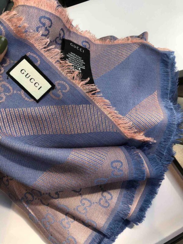 Gucci GG Jacquard Silk Wool Shawl Blue/Brown 55in/140cm