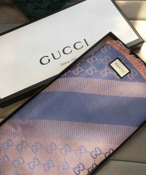 Gucci GG Jacquard Silk Wool Shawl Blue/Brown 55in/140cm