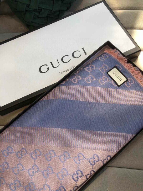 Gucci GG Jacquard Silk Wool Shawl Blue/Brown 55in/140cm