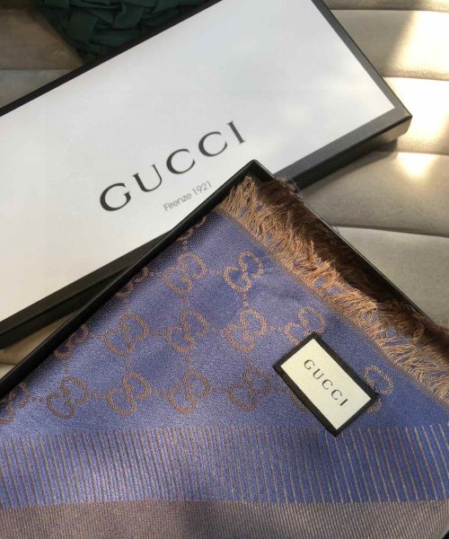 Gucci GG Jacquard Silk Wool Shawl Blue/Brown 55in/140cm
