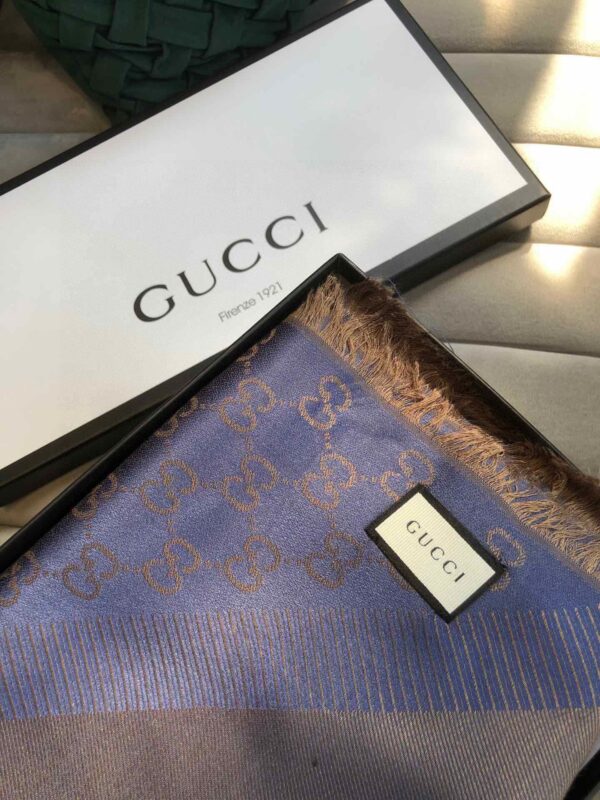 Gucci GG Jacquard Silk Wool Shawl Blue/Brown 55in/140cm