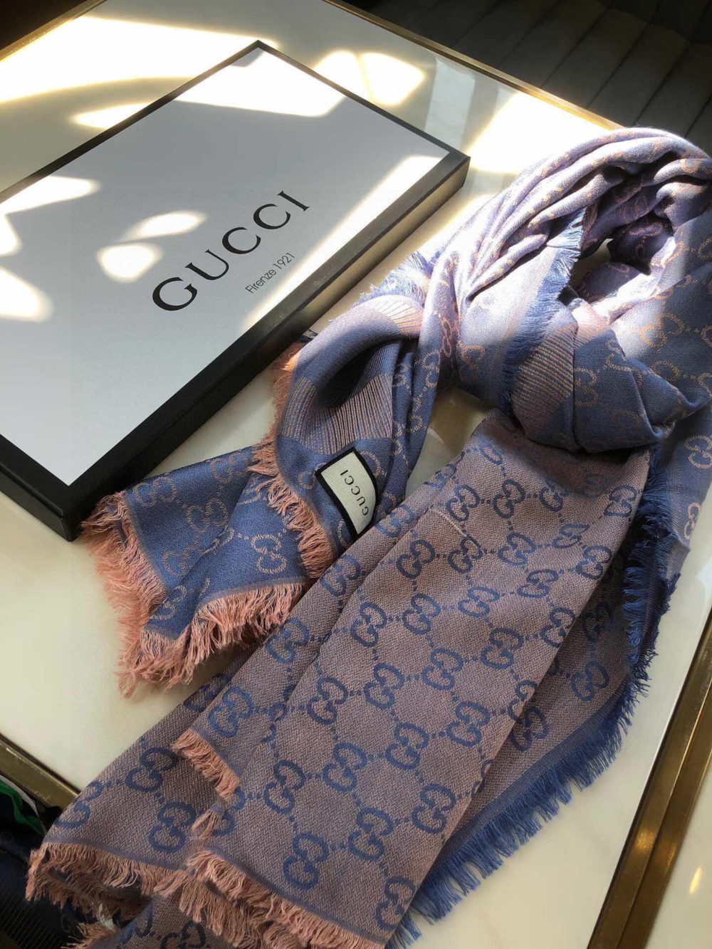 Gucci GG Jacquard Silk Wool Shawl Blue/Brown 55in/140cm