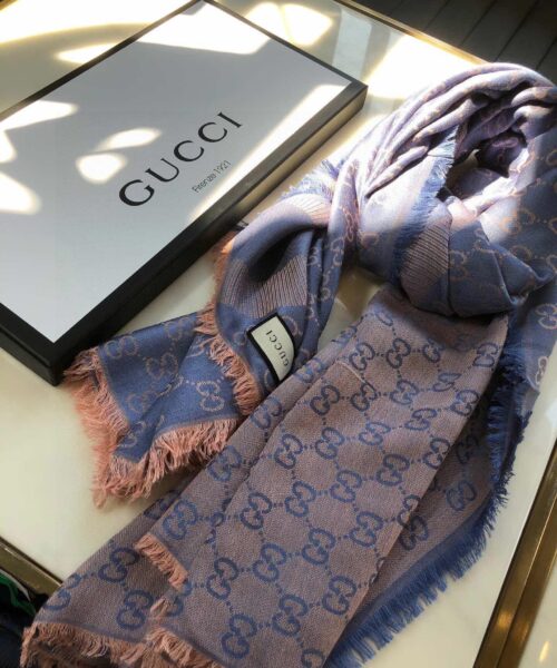 Gucci GG Jacquard Silk Wool Shawl Blue/Brown 55in/140cm