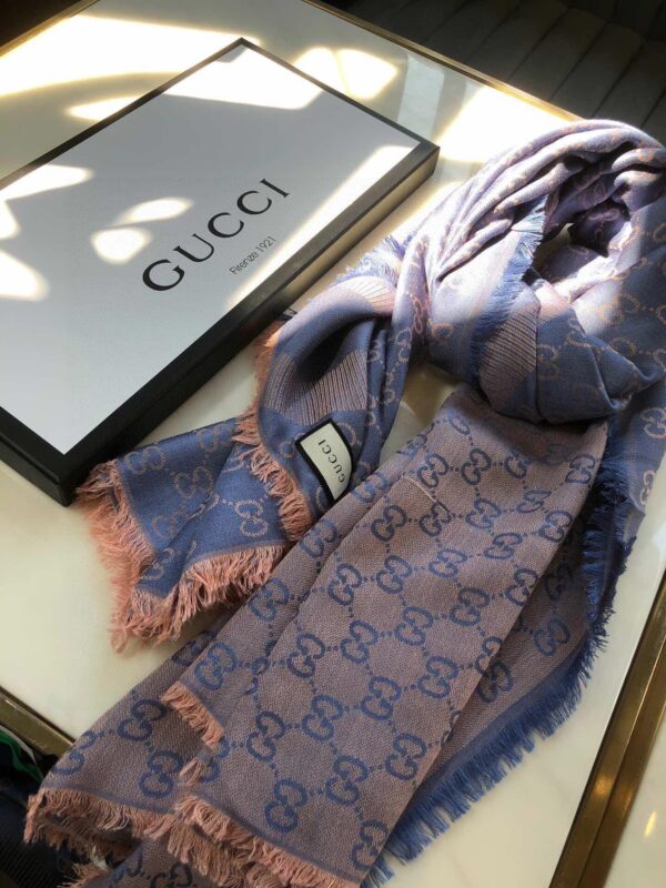 Gucci GG Jacquard Silk Wool Shawl Blue/Brown 55in/140cm