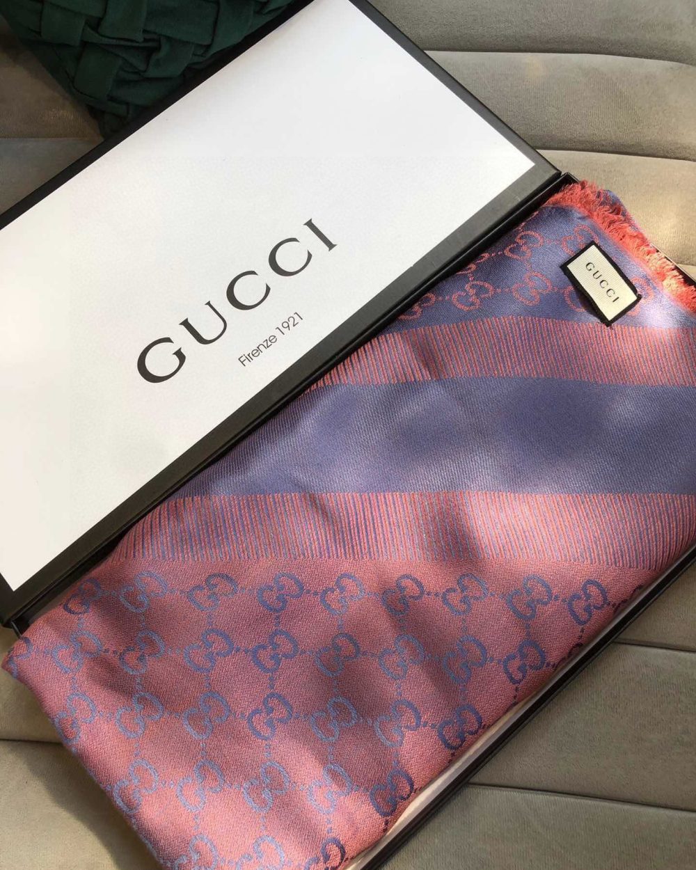 Gucci GG Jacquard Silk Wool Shawl Blue/Orange 55in/140cm