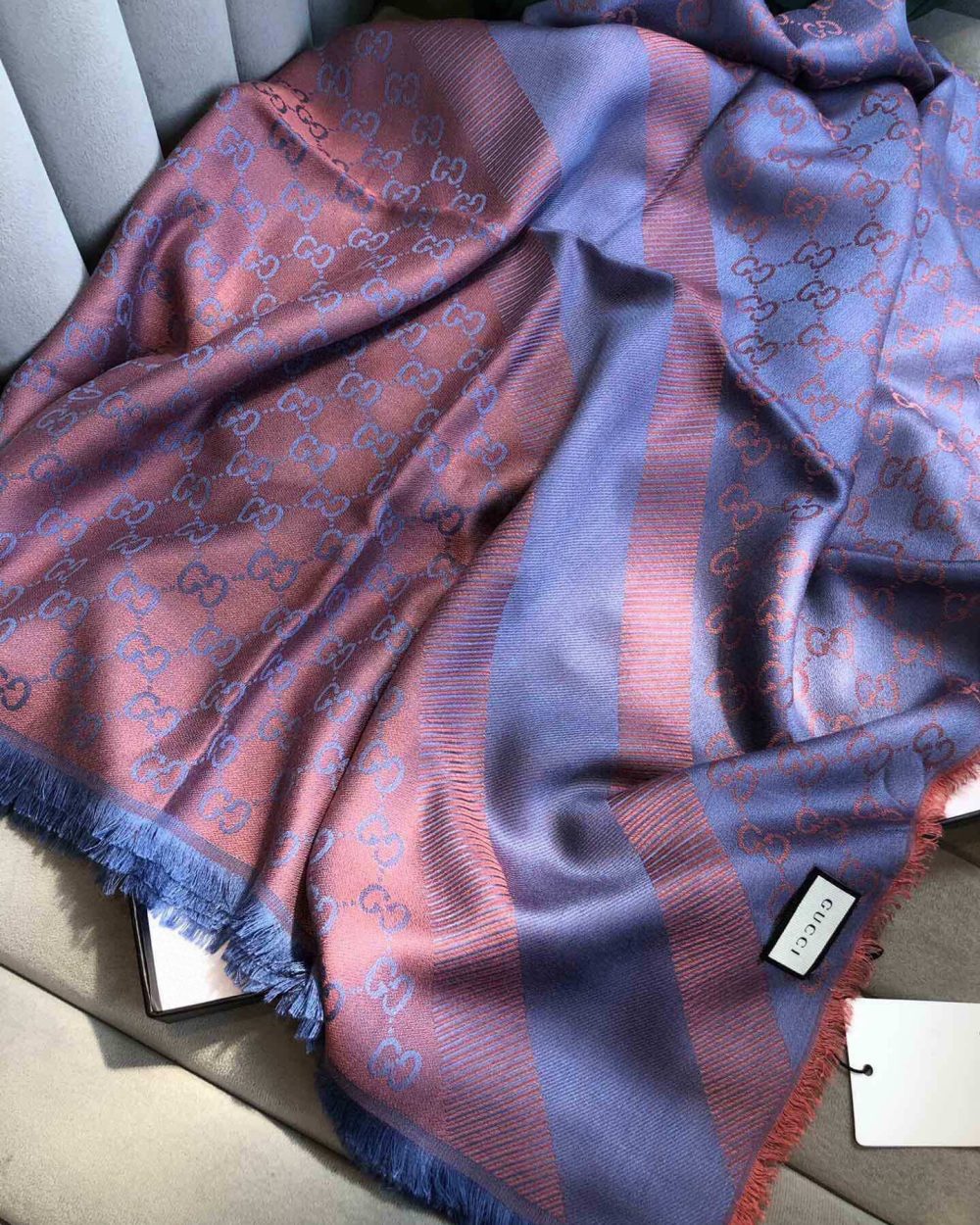 Gucci GG Jacquard Silk Wool Shawl Blue/Orange 55in/140cm