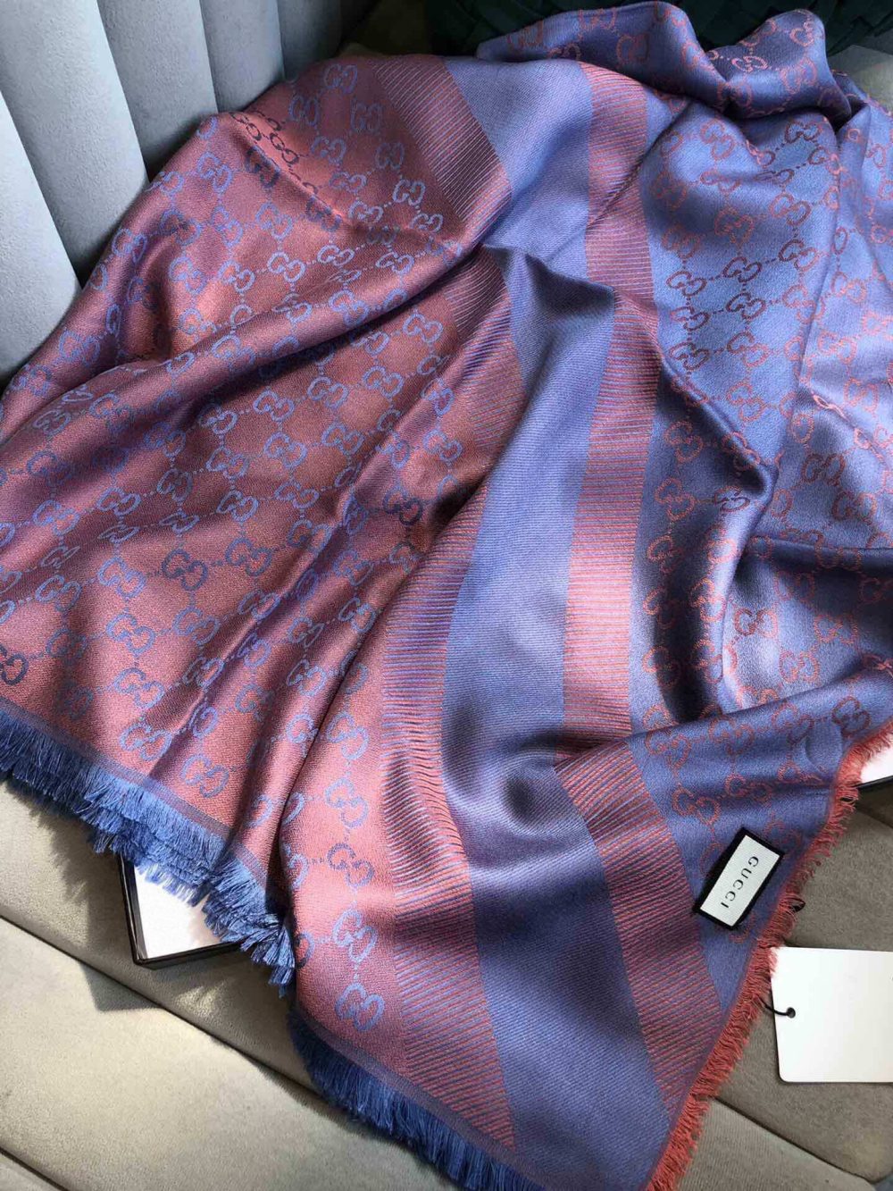 Gucci GG Jacquard Silk Wool Shawl Blue/Orange 55in/140cm - Image 5
