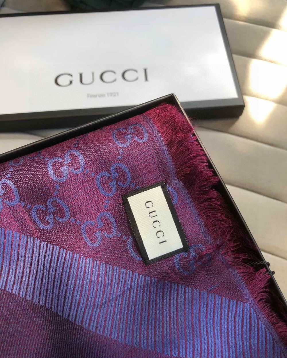 Gucci GG Jacquard Silk Wool Shawl Blue/Purple 55in/140cm