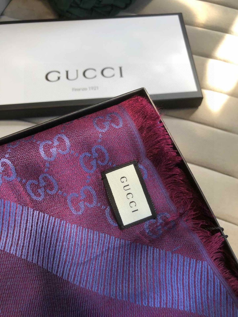 Gucci GG Jacquard Silk Wool Shawl Blue/Purple 55in/140cm - Image 3