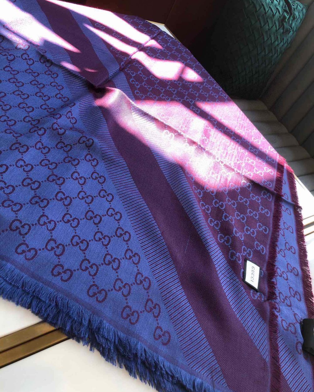 Gucci GG Jacquard Silk Wool Shawl Blue/Purple 55in/140cm
