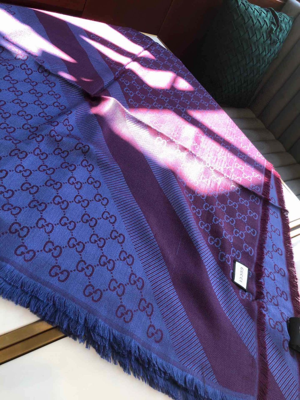 Gucci GG Jacquard Silk Wool Shawl Blue/Purple 55in/140cm - Image 2