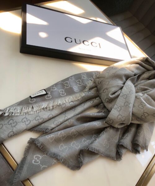 Gucci GG Jacquard Silk Wool Shawl Grey 55in/140cm