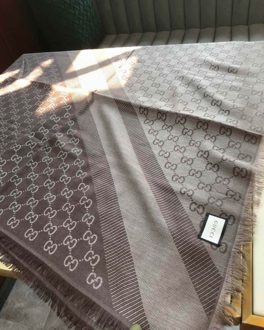 Gucci GG Jacquard Silk Wool Shawl Grey/Brown 55in/140cm