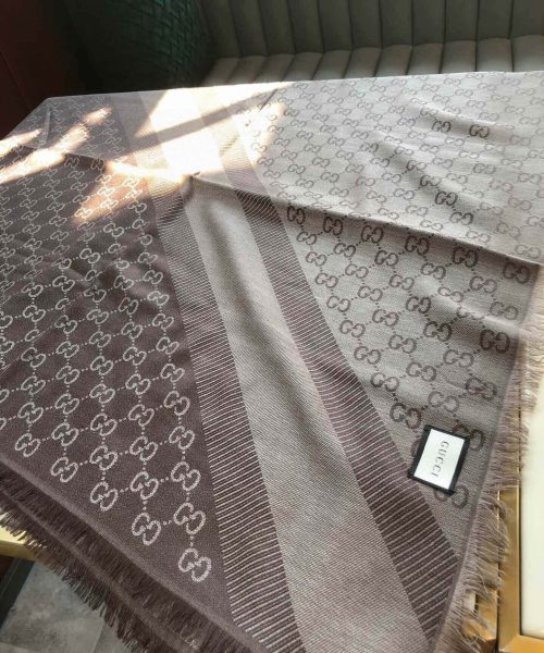 Gucci GG Jacquard Silk Wool Shawl Grey/Brown 55in/140cm