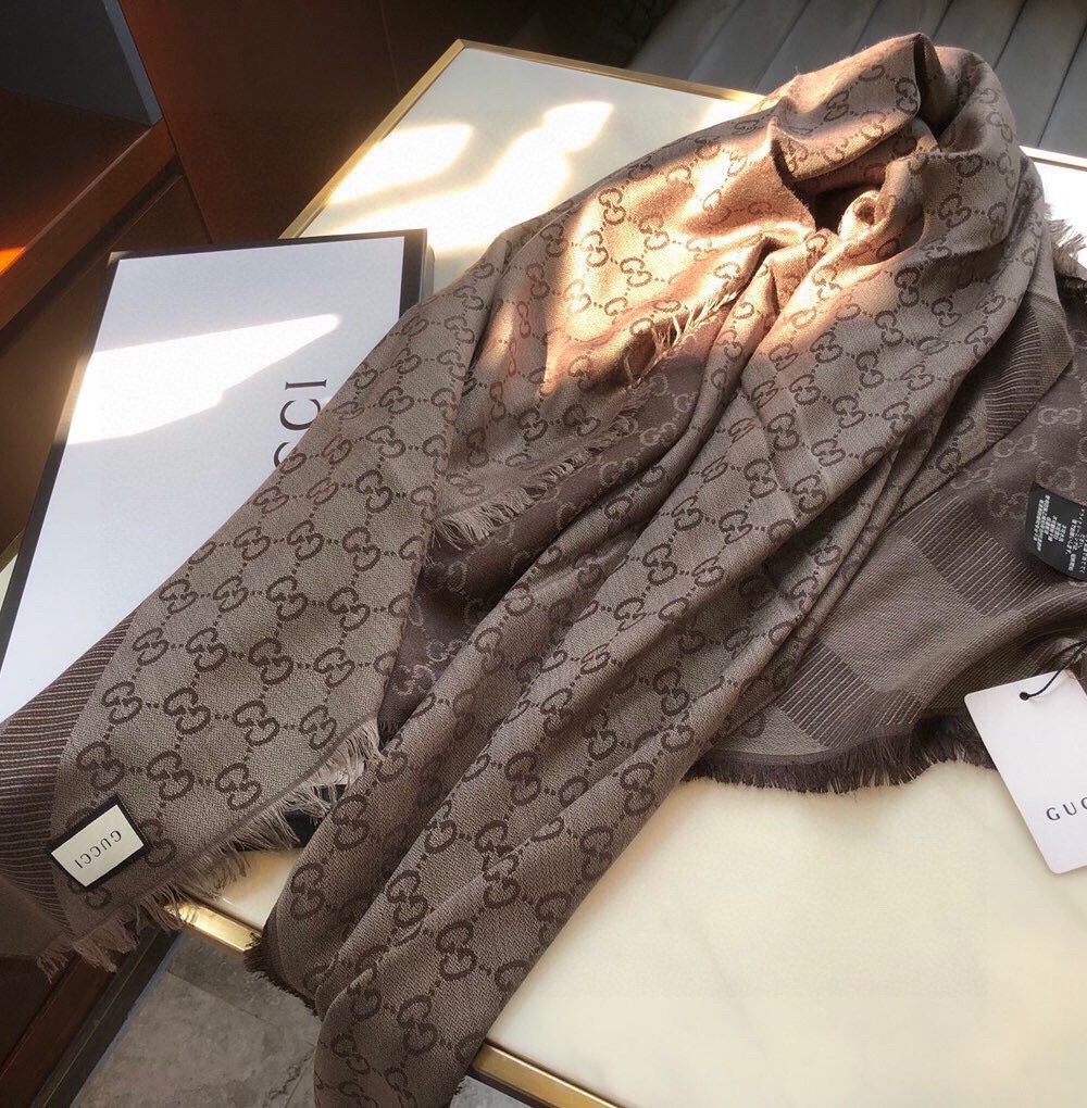 Gucci GG Jacquard Silk Wool Shawl Grey/Brown 55in/140cm